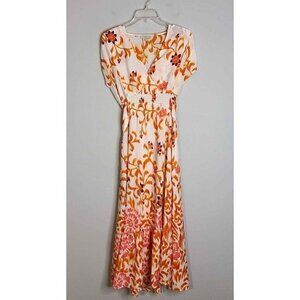 Indikka Flora Pink/Orange Bohemian Boho Tropical Peasant Maxi Dress M